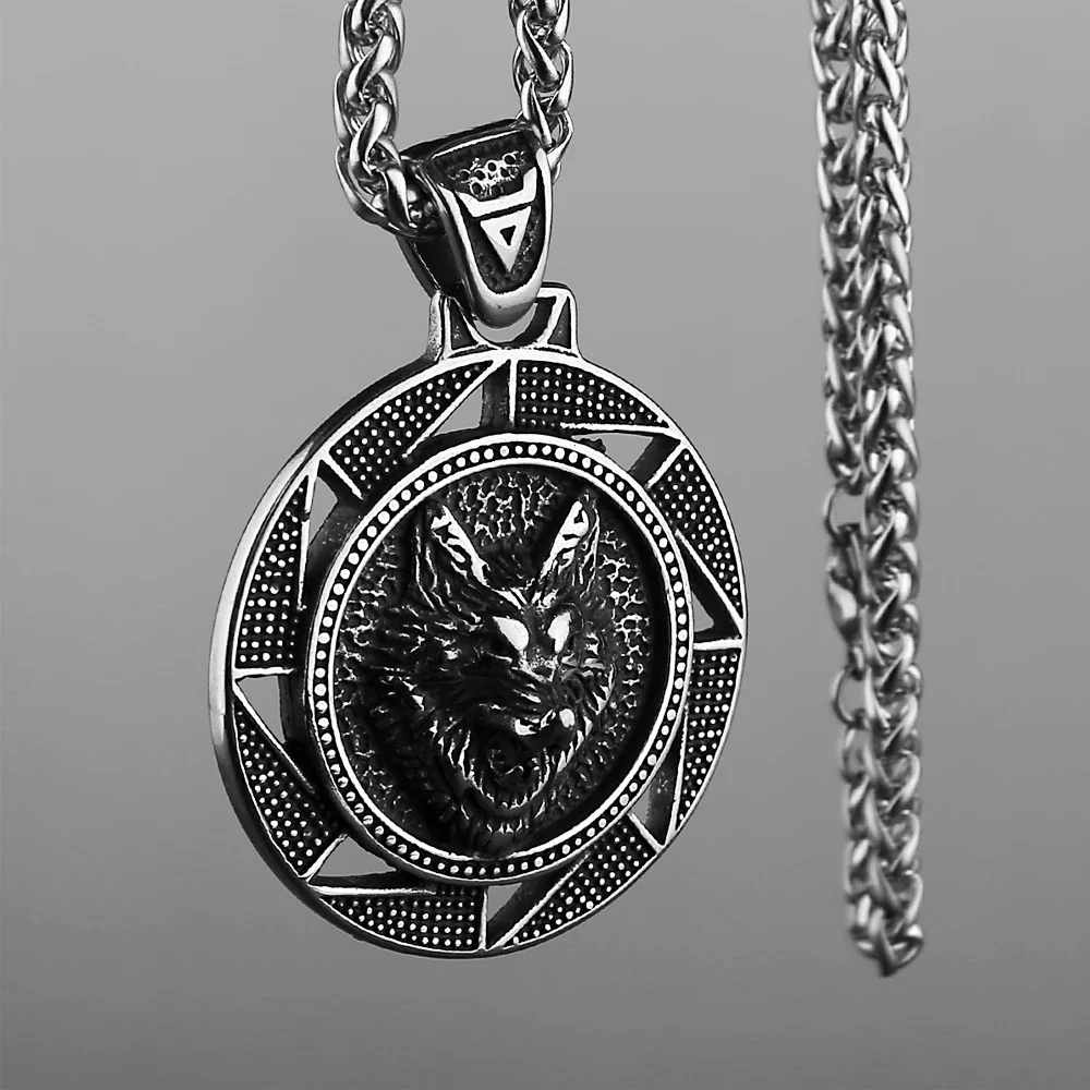 Heavy Vintage Viking Wolf Head Pendant Necklace for Men Boy Punk Biker Rivia Slav Viking Necklace Stainless Steel Jewelry Gift