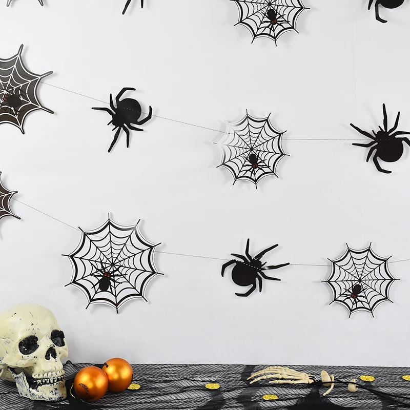 

Halloween Spider Web Paper Banner Garlands Black Spider Pull Flag Halloween Party Hang Bunting Decoration Home Hanging Ornaments