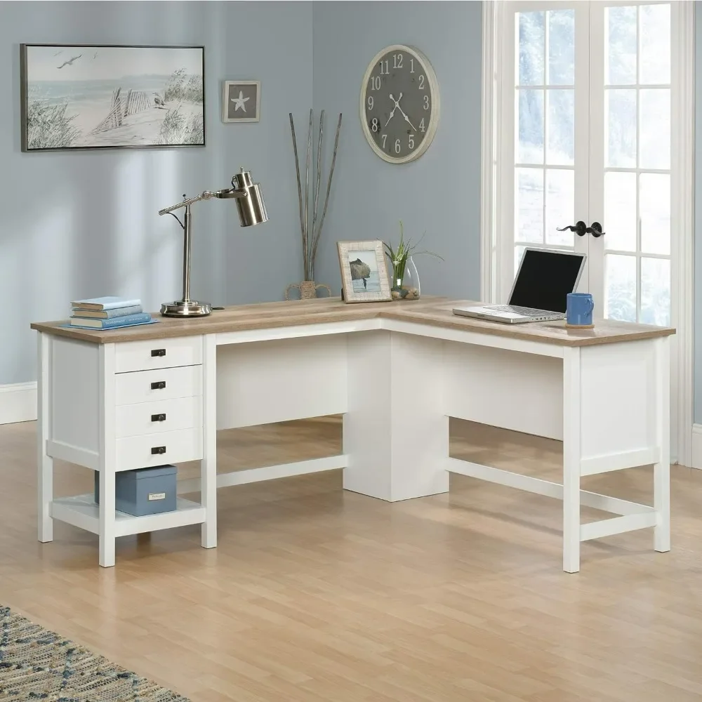 L shape Computer Desk, office Desk with Two drawers, Play Gaming Desk, Soft White Finish, Modern Business Furniture