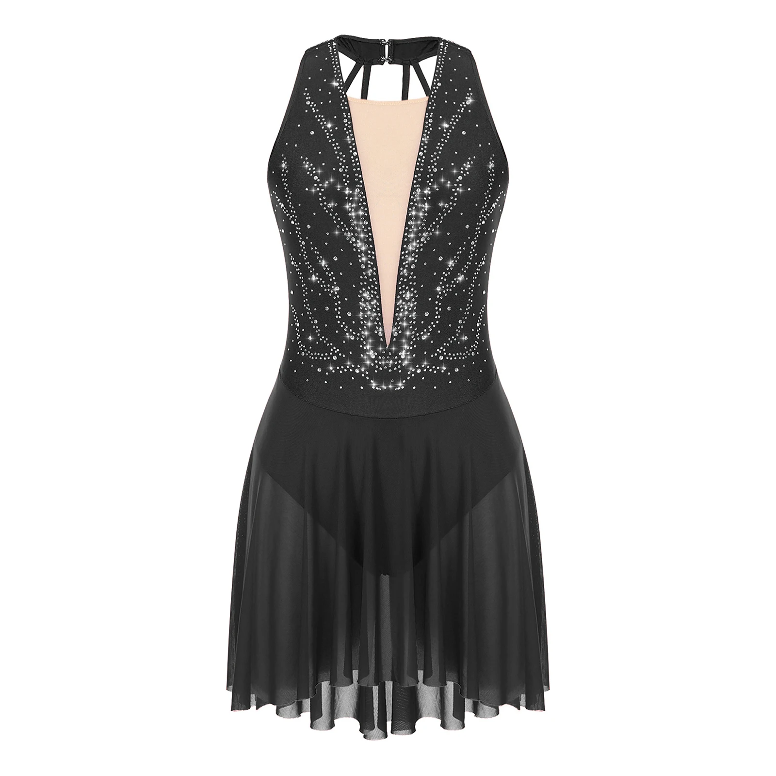 Womens Glittery Rhinestone Figure Skating Dress Sheer Mesh Patchwork Neckline Sleeveless Backless Asymmetrical Hem Dance Dresses