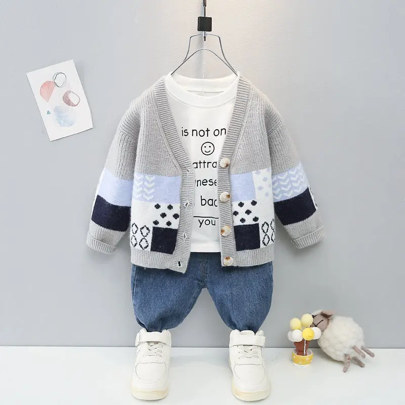 

New Spring Fashion Autumn Children Boys Girls Kids Patchwork Coat Smile T-shirt Pants Jeans 3Pcs/Sets Kids Clothing Tracksuits