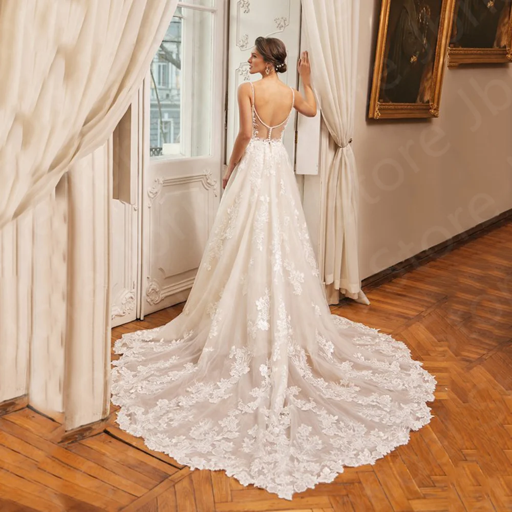 Vestidos de novia de encaje elegantes, escote redondo con tirantes, vestidos de novia sin mangas, espalda descubierta