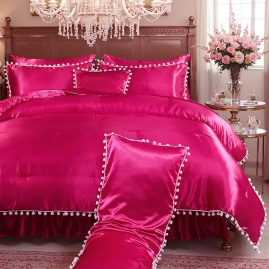 Satin Silky Comforter Bedding Set with Satin Sheet Set, Bed Skirt, Pom Pom Body Pillow Cover 10 Pieces Luxury Bed Set