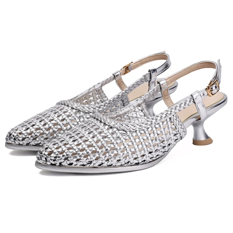 Summer Shoes Sandals for Women Fashion Breathable Luxury Gold Silver Footwear Large Size Point toe Kitten Heels Wedding Shoes - view 6