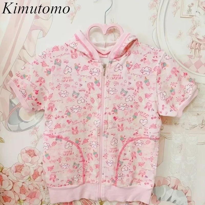 

Kimutomo Japanese Kawaii Cartoon Printing Coat 2025 Women Caual Loose Cute Hooded Jacket Y2k Girls Sweet Grunge Summer Outwear