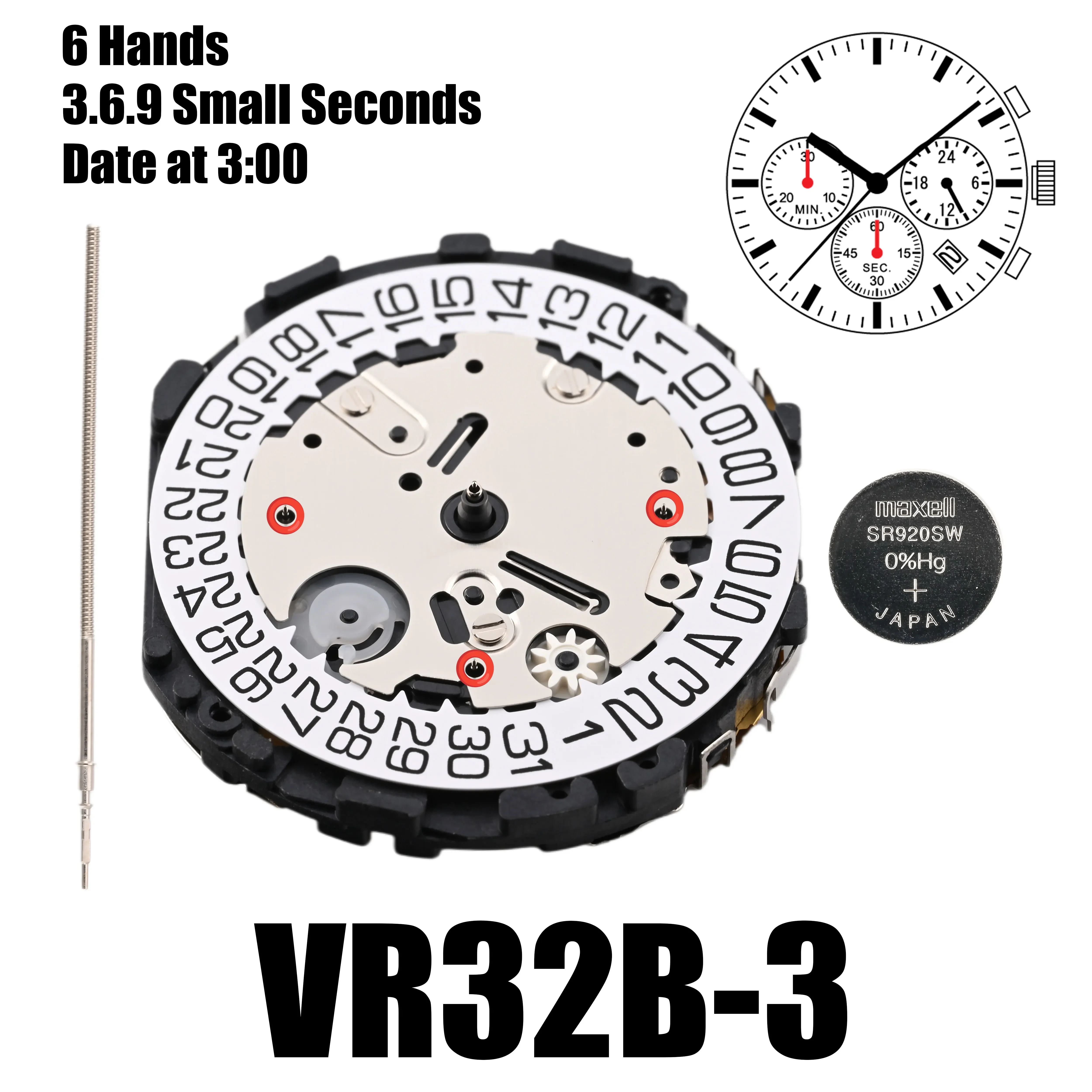 Brand New VR32 Movement VR32B Movment Chronograph VR32B Quartz Movement  3.6.9 Small Seconds Date At 3：00