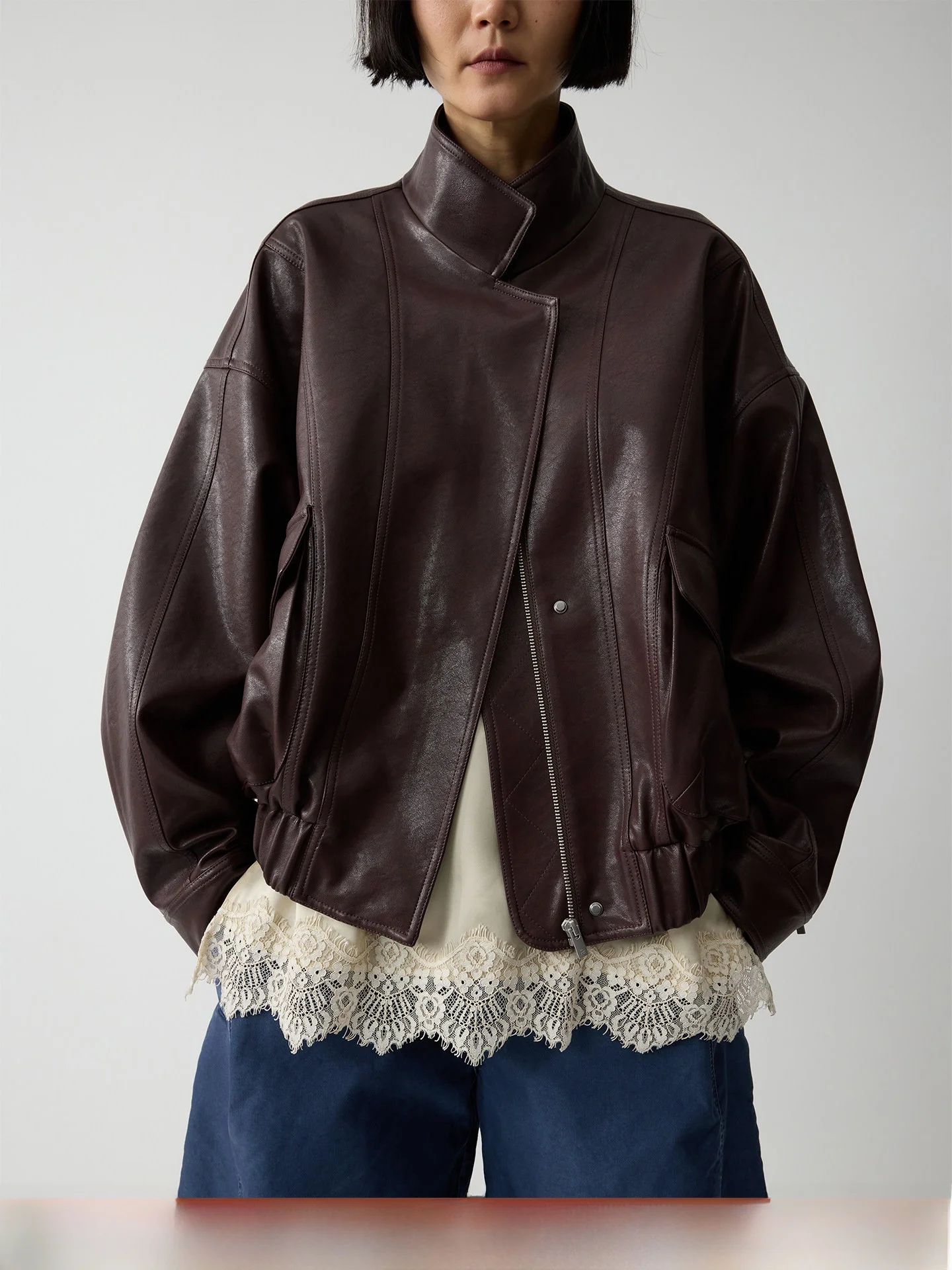 

Retro Sle PU Leather Jaet Women's Spring New Loose Fit Elastic Waist Design Simulation Leather Coat with kets