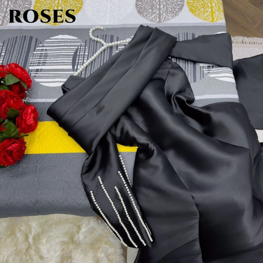 ROSES ชุดราตรีสีดำ ชุดเดรสทรงเอ ผ้าซาติน ชุดเดรสคนดัง แขนยาว ชุดราตรีประดับด้วยลูกปัด ชุดสำหรับงานปาร์ตี้ ปรับแต่งได้