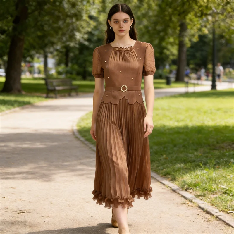 

Miyake Pleated Dress Women 2026 New Solid Color Stitching Fake Two-piece Lace Square Neck Short-sleeved Elegant Mid-length Skirt