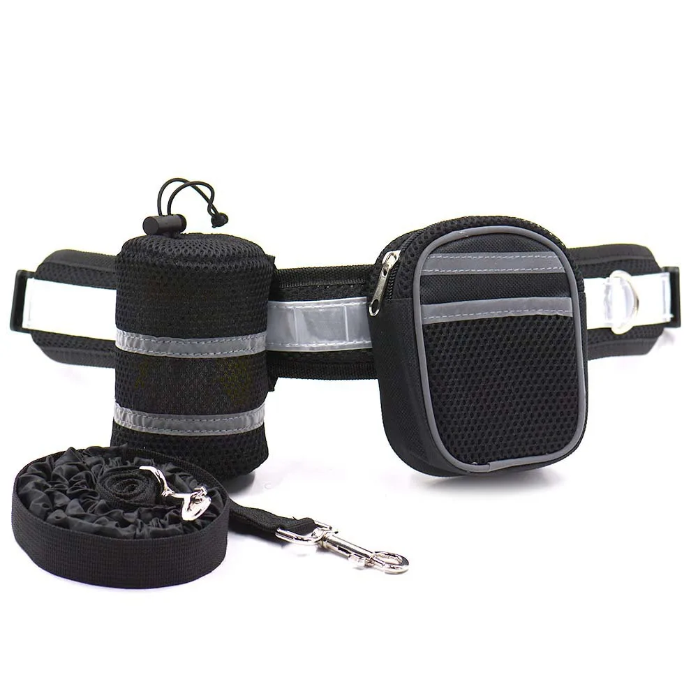 Hot selling pet running sports traction set with waist bag multi-color reflectiverope collar belt dog leash