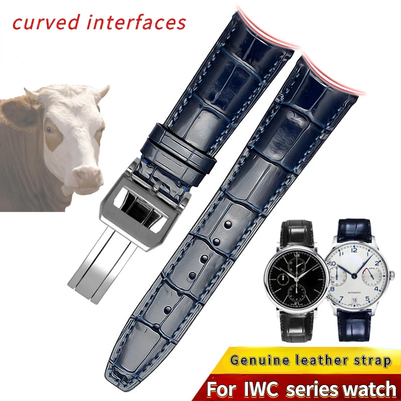 22mm Curved end Cowhide Watch Strap Folding Buckle Clasp Leather Watchband For IWC IW500705 PORTUGIESER Series men's accessories