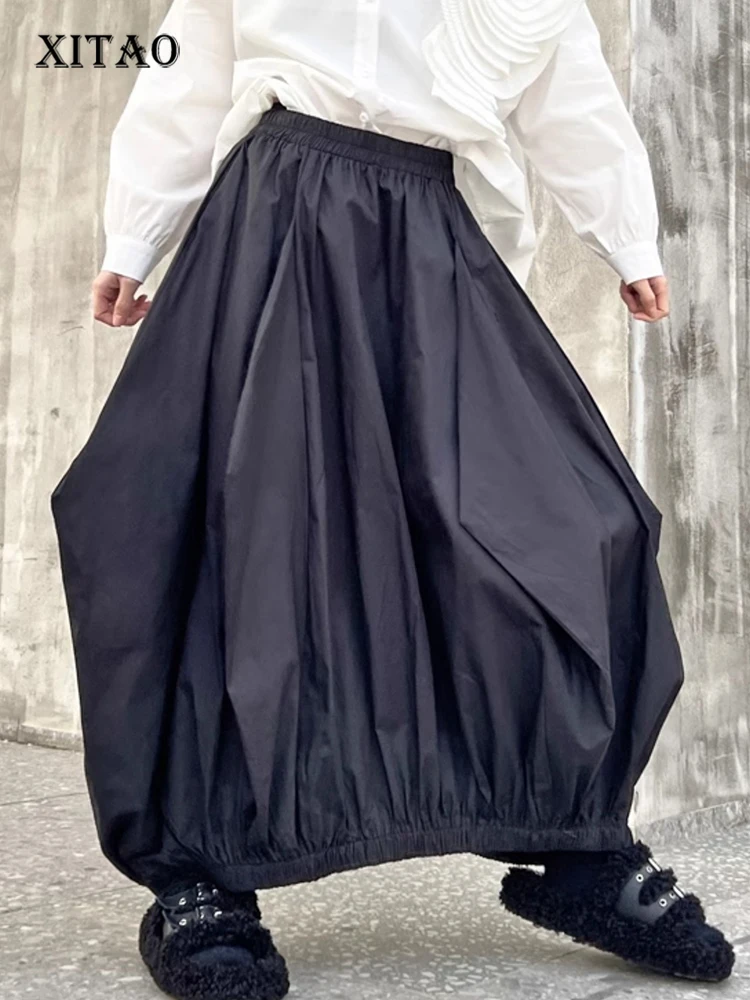 XITAO Irregular Elastic Waist Skirt Pleated Personality Solid Color Fashion Street Trendy 2024 Spring Women New Skirt DMJ4056