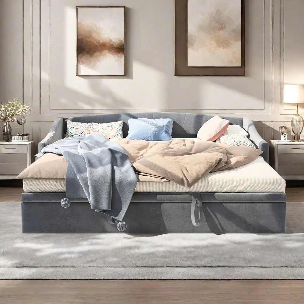Canapé-lit en velours gris Superaly, cadre extensible, lit d'appoint avec lattes en bois pour chambre d'amis, 90/180x200cm, canapé-lit confortable