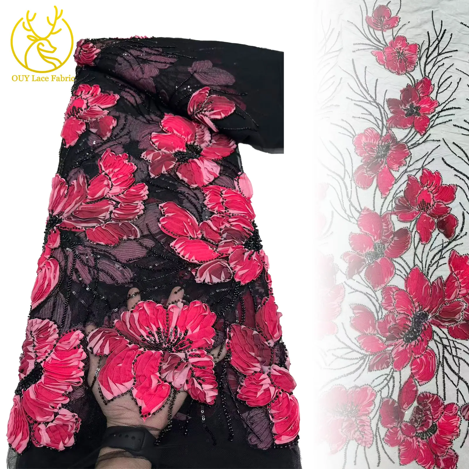 

Роскошная африканская тюлевая кружевная ткань с бисером, 2025 г., французская нигерийская кружевная ткань с 3D цветами и блестками для шитья свадебных платьев, 5 ярдов