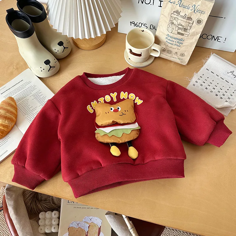 

Новый зимний детский свитшот для мальчиков с аппликацией в виде гамбургера, повседневные пуловеры для маленьких мальчиков, универсальная толстовка с круглым вырезом для маленьких девочек