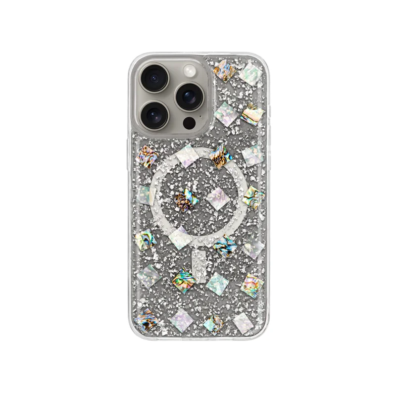 KZDOO Mag Flash Protector,Glitter Bling Seashell Foil Paper Back Shell ,Shockproof Cover for iPhone 15,15 Plus,15 Pro,15 Pro Max