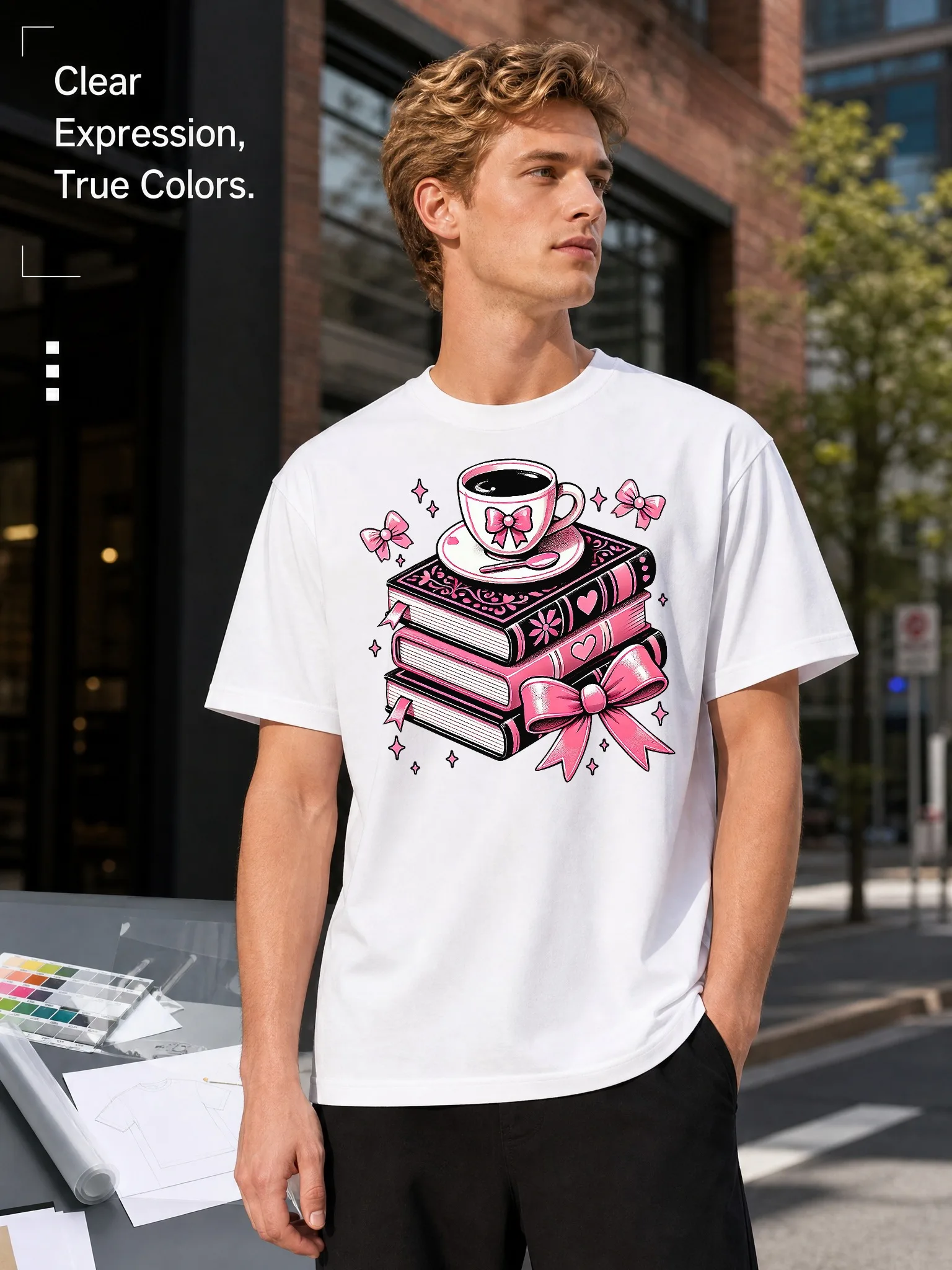Men's White Round-Neck Short-Sleeve T-Shirt with Pink Bow, Stacked Books, Coffee Cup, and Starlight Print, Loose Fit, Casual and Fun Style, Suitable for Daily Commuting and Going Out, Skin-Friendly Cotton, Comfortable and Breathable