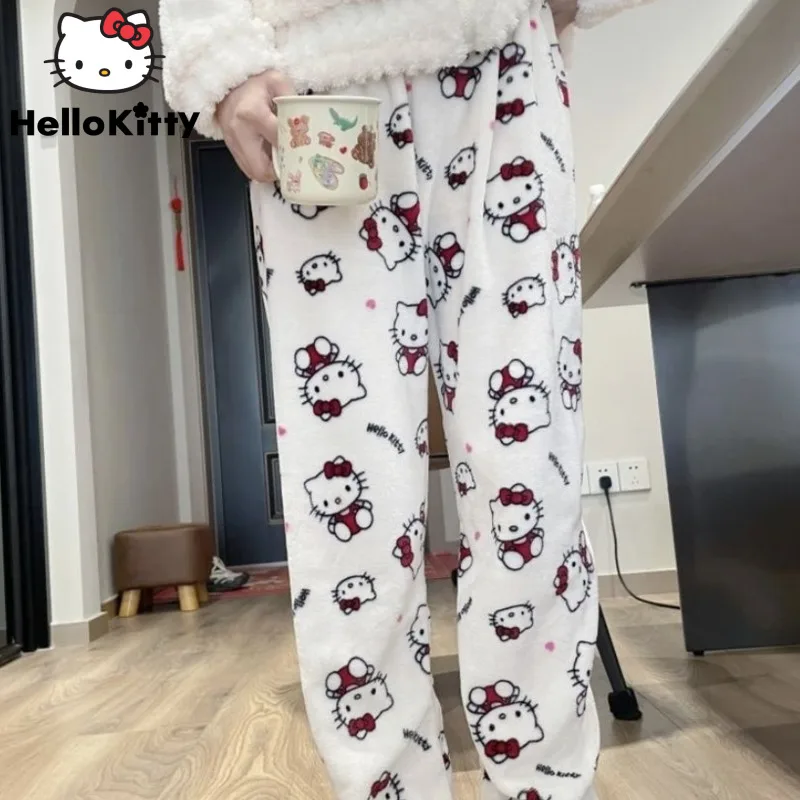 Sanrio Hello Kitty New Plush Home Pants For Women Cartoon Cute Loose Fit Trousers Y2k Harajuku Winter Soft Coral Fleece Pants