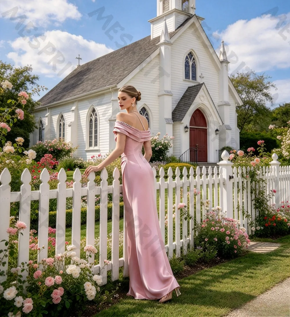 Customize Simple Off The Shoulder A-line Evening Gowns with Pleated Sequins Sleeveless Drape Floor Knit Banquet Party Dresses