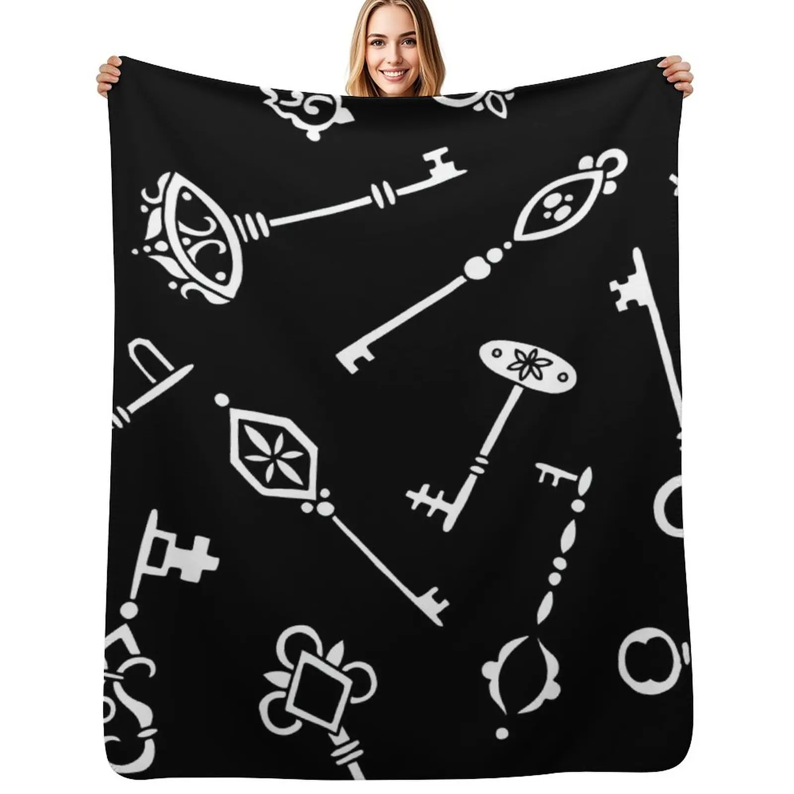 Skeleton Keys || Black and White Palette || Lock and Key Throw Blanket Year Round Soft Comfortable Blanket for Home
