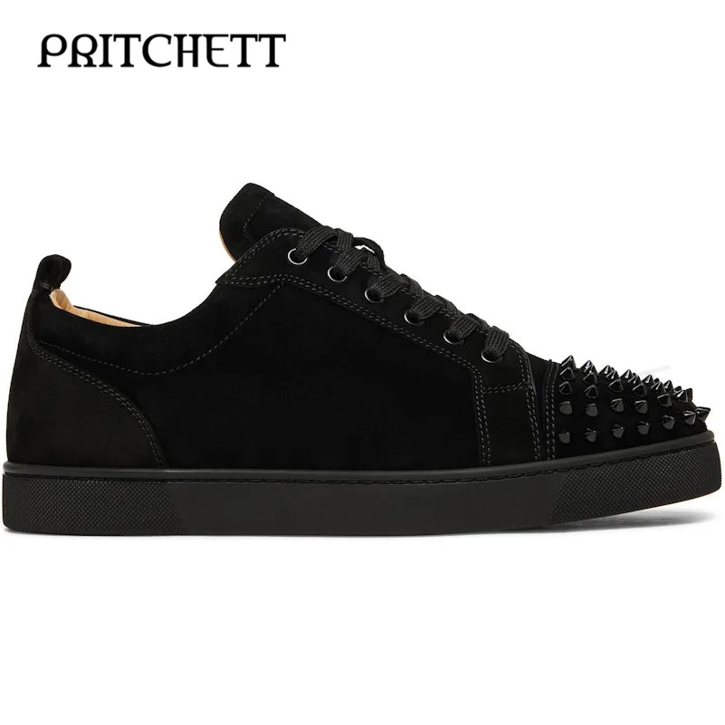 Black Rivet Lace-Up Casual Shoes Round Toe Flat Sole Comfortable Sneakers Large Size Fashionable Shoes for Men and Women