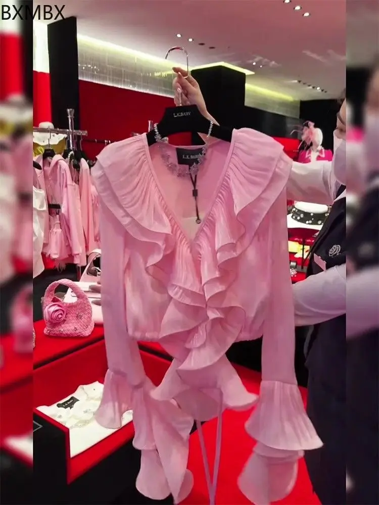 French  V-neck chic ruffle edge flared sleeve long-sleeved shirt women's 2025 early spring new age-reducing shirt