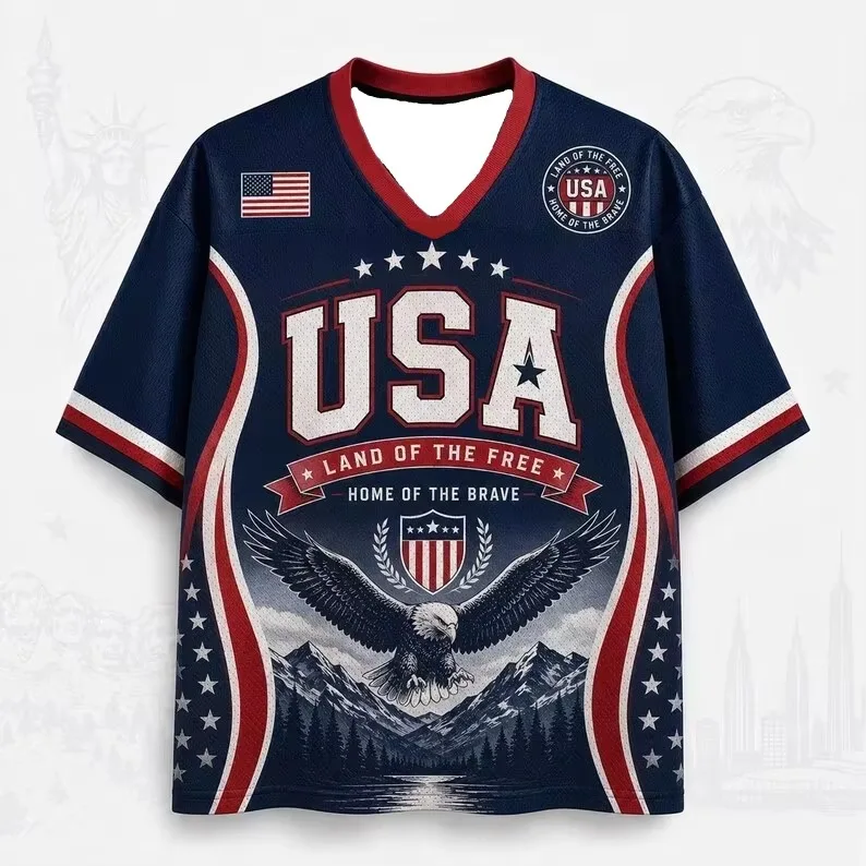 Unisex Patriotic USA Flag Star Stripes No.26 Sports Jersey 3D Full Print Retro V-neck Oversized Short Sleeve Streetwear Top