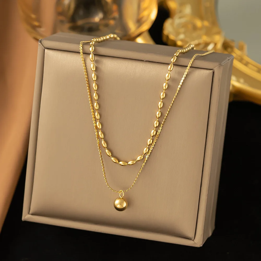 ANENJERY 316L Stainless Steel Double Layer Round Beads Pendant Necklace for Women Fashion Temperament Jewelry Accessory