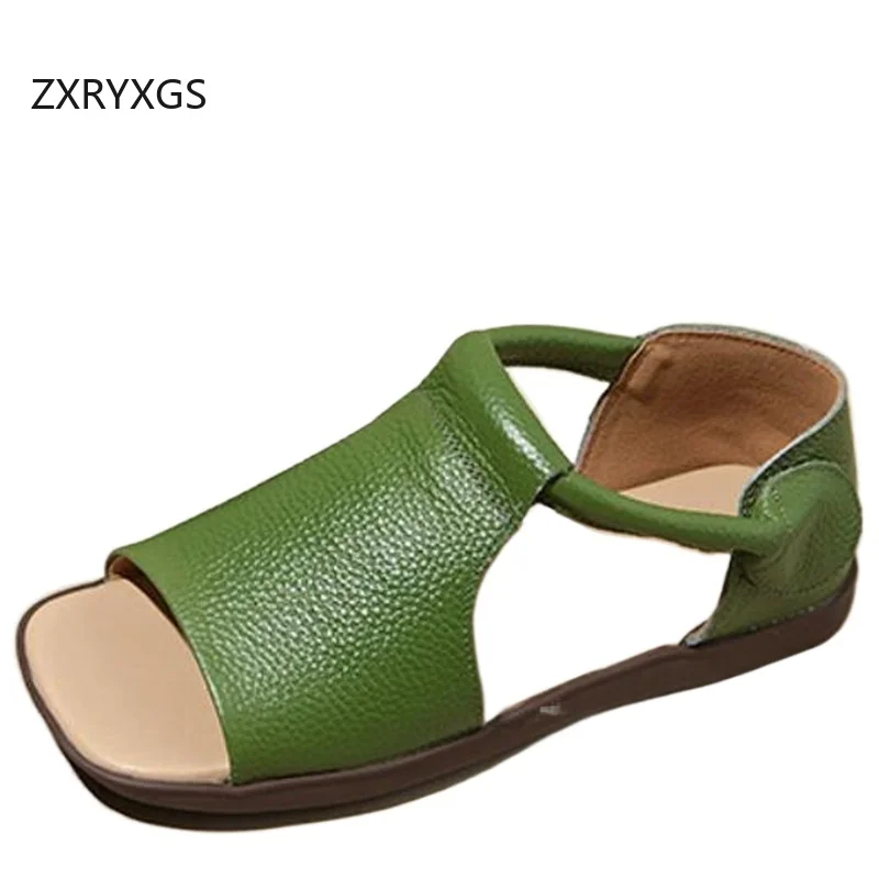 

ZXRYXGS Top Cowhide Square Toe Fish Mouth Sandals 2024 Summer Women Real Leather Sandals Flat Soft Sole Comfort Casual Sandals