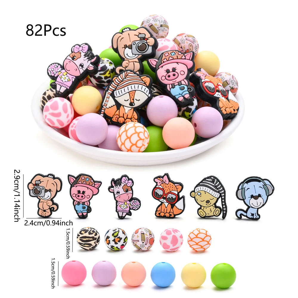 ﻿82Pcs Food Grade Teething Infant Chewable Necklace Pacifier Gift Accessories Cartoon Print 15mm Round Silicone Teether Beads