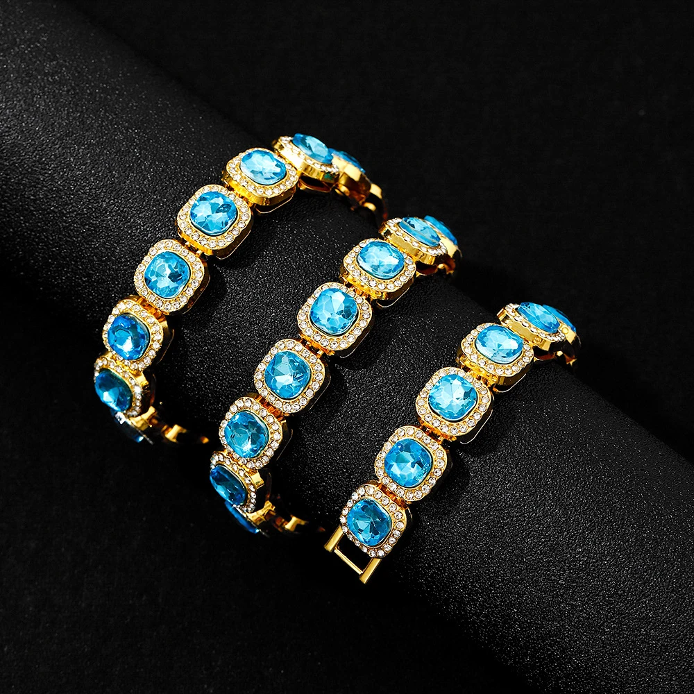 New Fashion Sky Blue  Glass Choker Necklace For Men Women 12mm Tennis Chain Cuban Link Hip Hop Square Bling Rhinestones Jewelry