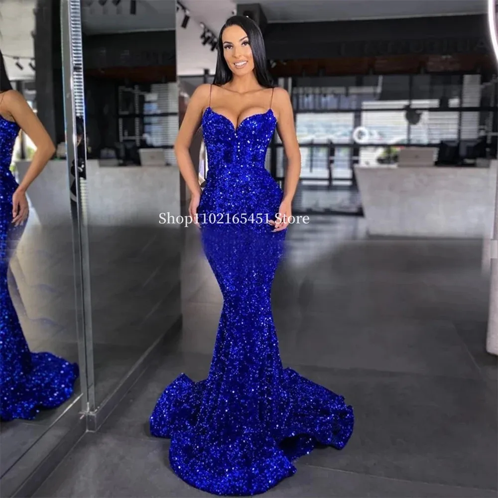 Robes de Rhsirène bleues royales pour filles africaines, trompent à paillettes brillantes, bretelles spaghetti, gala de soirée, quel que soit Aso Ebi, personnalisé