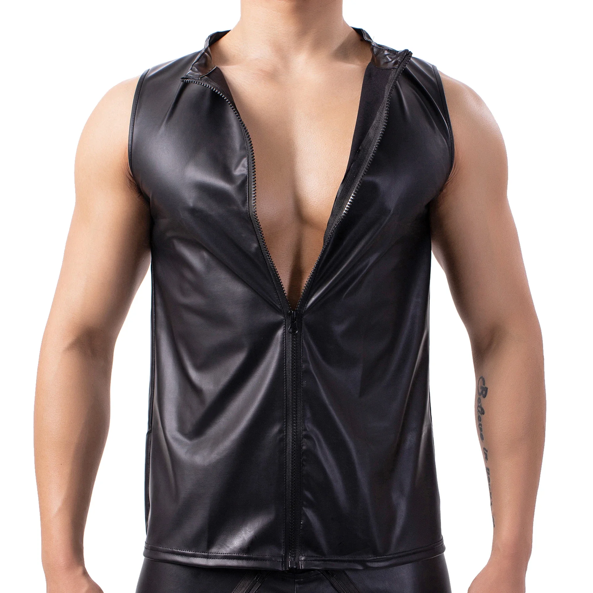 Set Men Undershirts PU Leather Sleeveless T Shirts Zipper Tank Top Vest Sexy Fitness Slim Top Men Underwear Stage Dance Clubwear