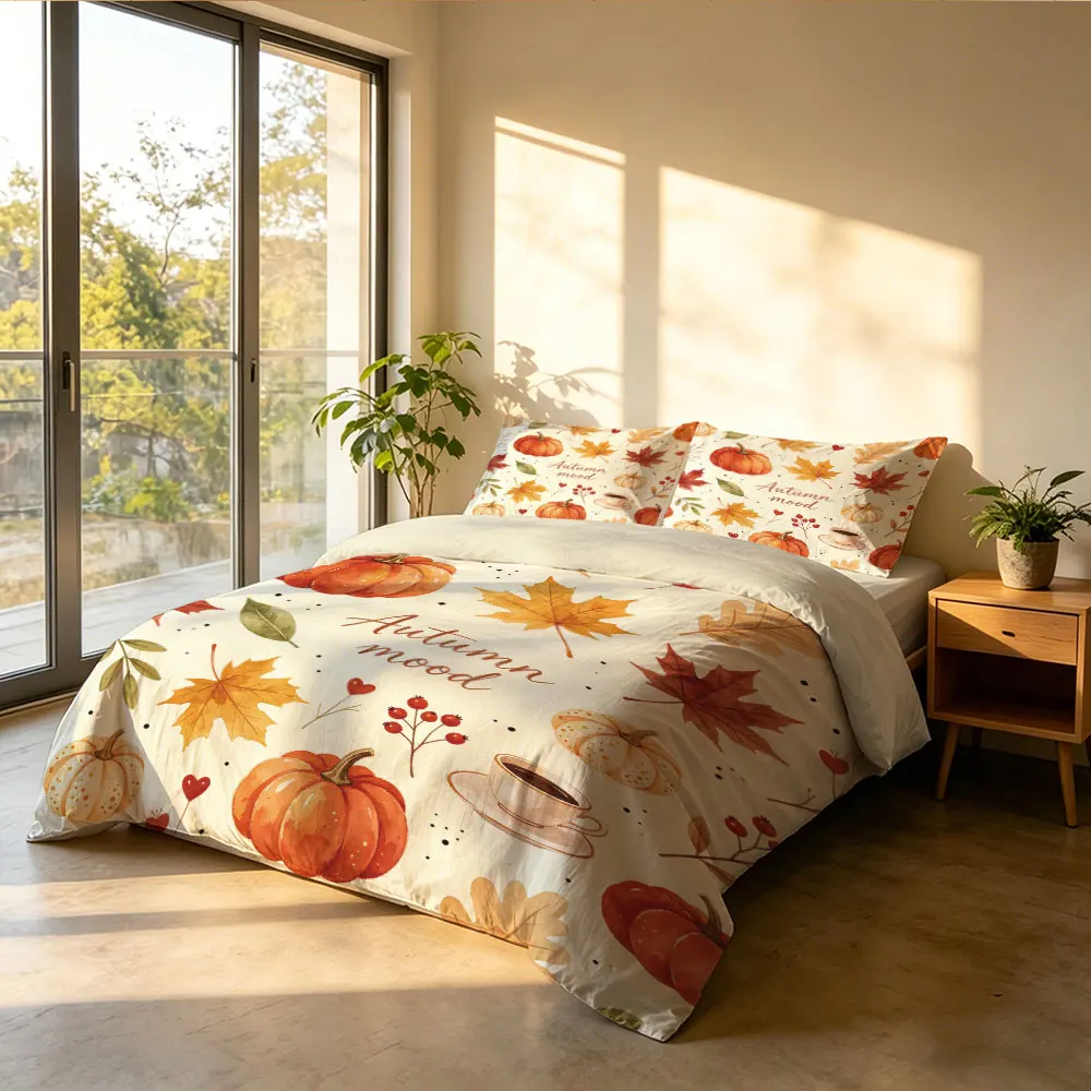 3PCS Autumn-themed Ambiance Pumpkin and Maple Leaf Printed Bedding Setcoreless multiple sizes soft gift bedroom decoration