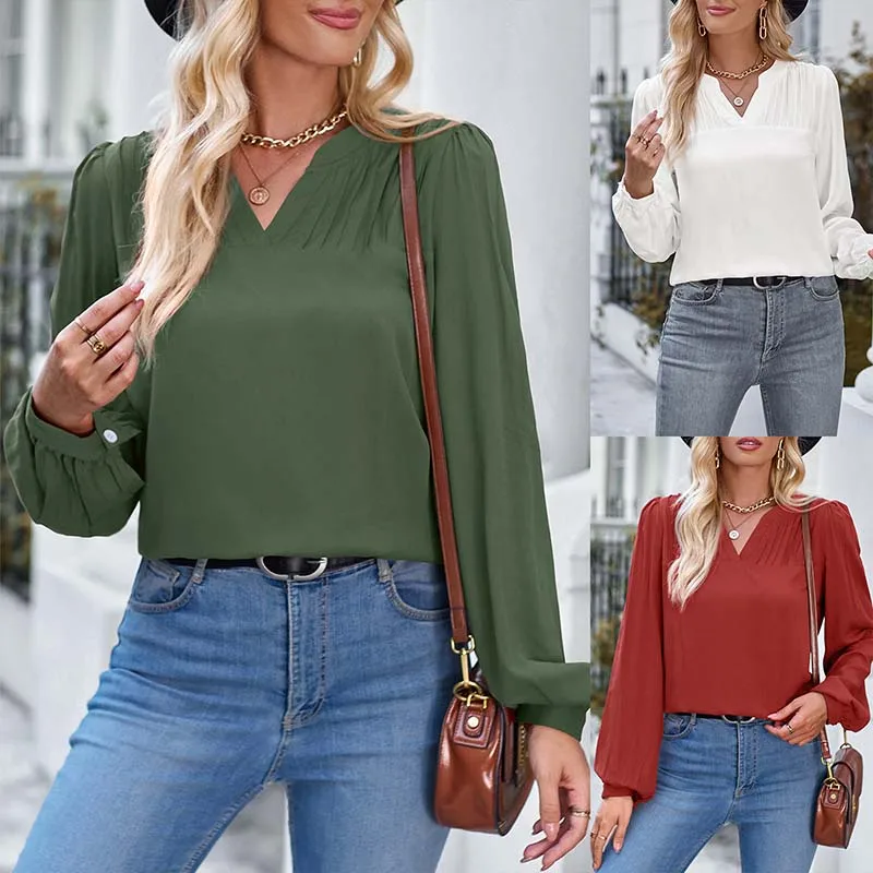 

2024 Leisure V-neck Loose Solid Color Long Sleeved Top for Women Fashion Casual Blouses Elegant Office Lady Red Green White Tops