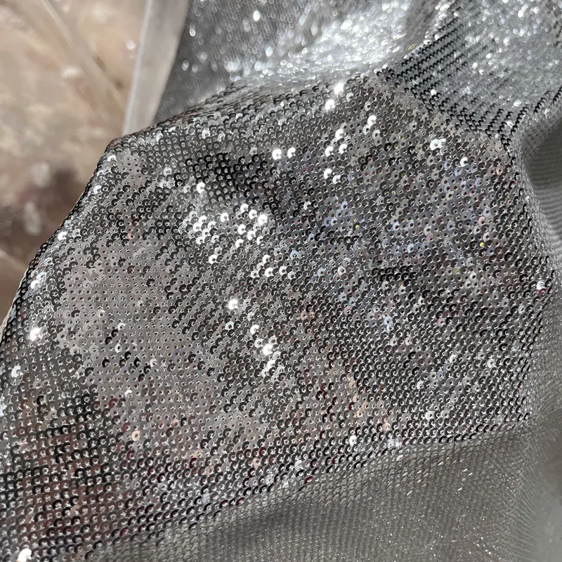 High-Grade Silver Black Paillette Embroidery Fish Scale Dress Fabric Background Fabric