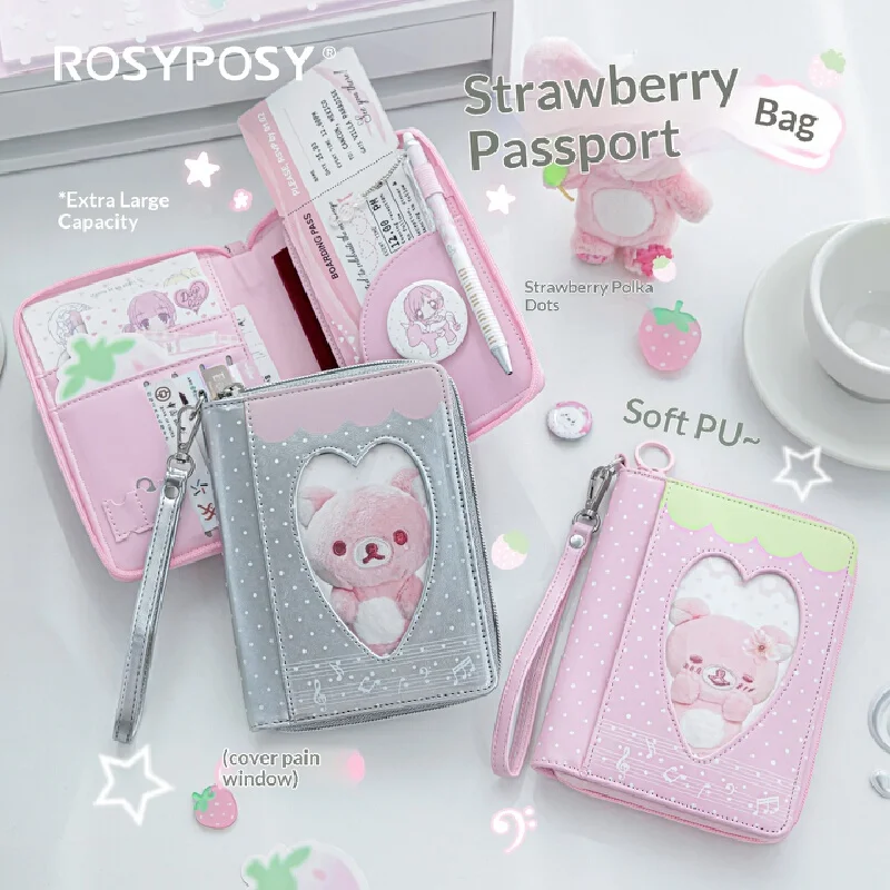 ROSYPOSY Passport Wallet Strawberry Polka Dot Pu Large Capacity Multi Functional Card Holder Integrated Travel Storage Organizer