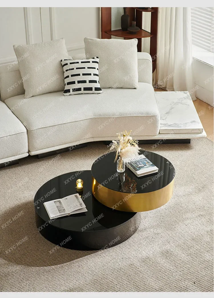 NN  Living Room Home Modern Black Creative Rotating Telescopic Stainless Steel Glass Size Round Coffee Table Combination