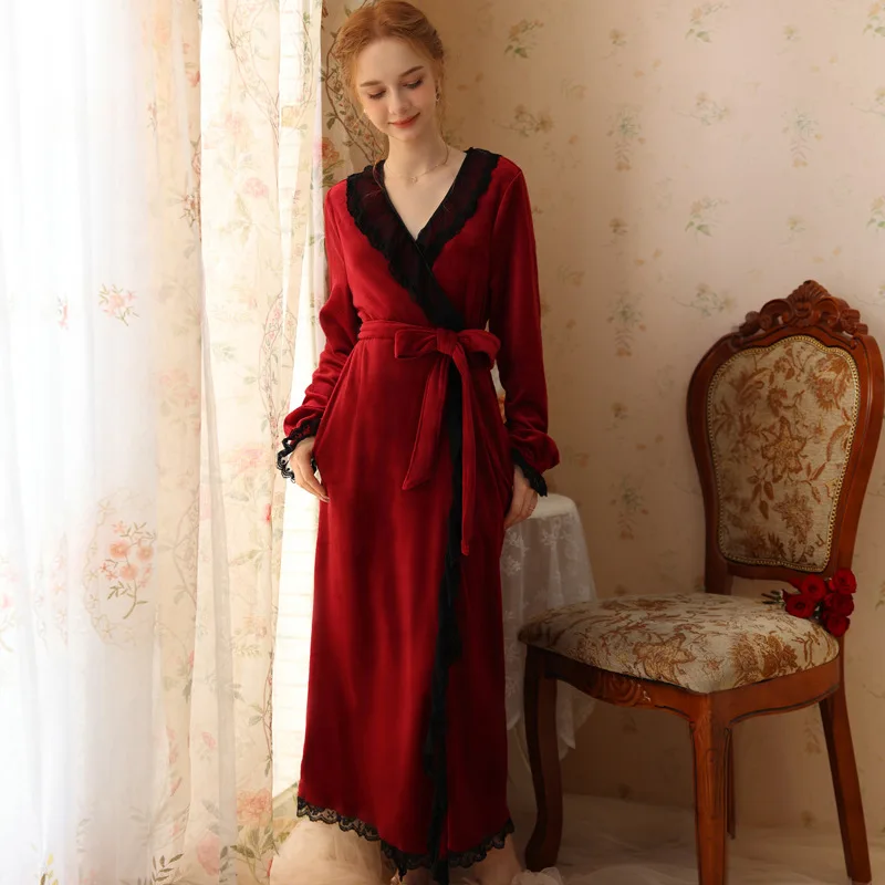 

Women's Winter Bathrobe Lace Ruffles Long Sleeve Thicken Ladies Dressing Gown with Sashes V Neck Fleece Kimono for Female