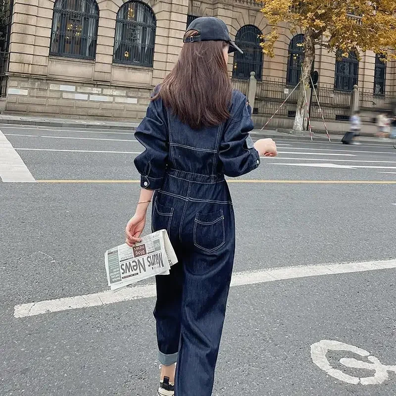 Solid Jumpsuits Women Long Sleeved Polo-neck Loose Harajuku Straight Pants Casual Denim Workwear Korean Style Vintage Playsuits