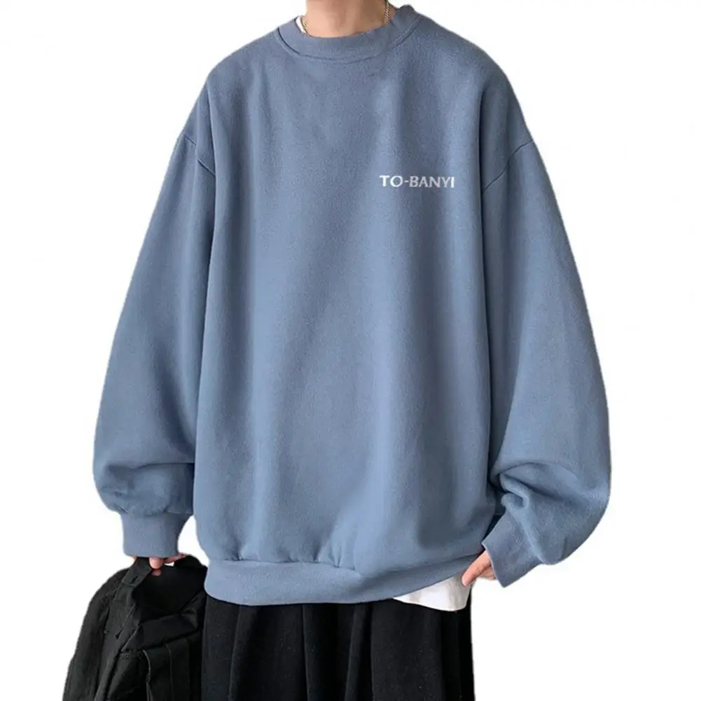 Men Fall Winter Round Neck Oversized Pullover Soft Warm Long Sleeves Letter Print Streetwear Style Men Mid Length Couple Top