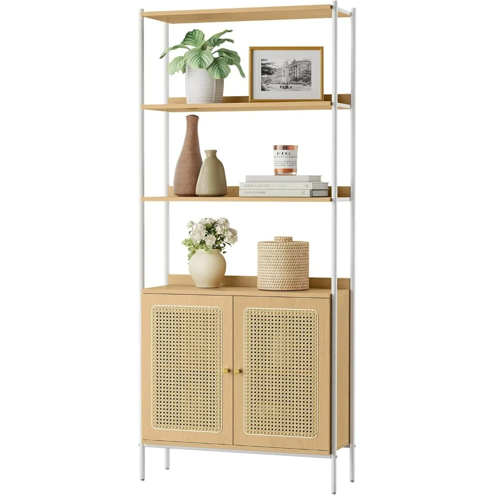 

Bookcase, Bookshelf with Rattan-Like Door, Boho Style, Freestanding Storage Shelf, Metal Frame, Adjustable Shelf