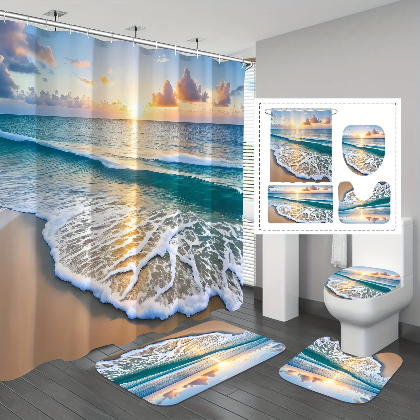 Coastal Sunset Beach Bathroom Four-Piece Set - Featuring a Stunning Design with Ocean Waves and a Beautiful Sunset, Perfect