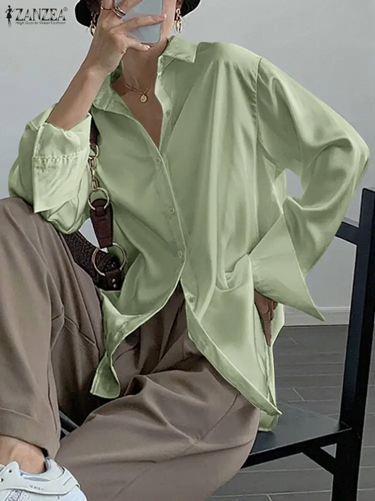 2025ZANZEA Herbst Büro Satin Shirts Mode Frauen Langarm Solide Bluse Frühling Elegante Taste Tops Weibliche OL Arbeit Hemd