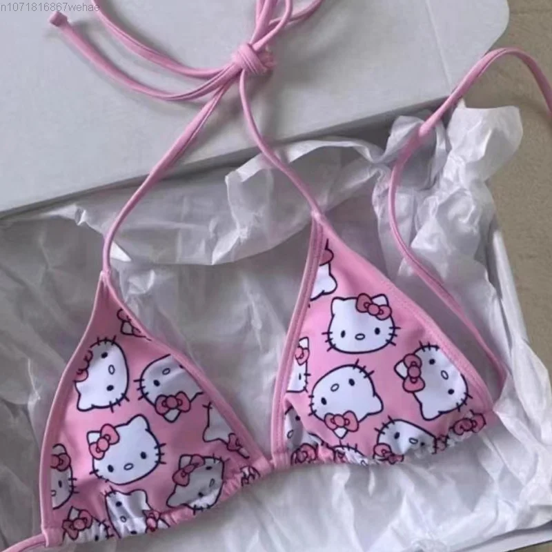 Sanrio Hello Kitty damskie różowe zestaw Bikini Y2k 2023 słodkie kreskówki nadrukowane bez rękawów seksowne Bikini zestaw do pływania na wakacje na