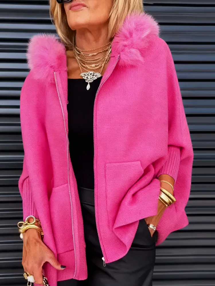 เสื้อแจ็คเก็ตคาร์ดิแกนไหมพรมมีฮู้ดแต่งขนสัตว์สำหรับฤดูหนาว  ทรงหลวม แขนทรงค้างคาว มีกระเป๋า สไตล์ลำลอง วินเทจ เหมาะสำหรับใส่เที่ยว