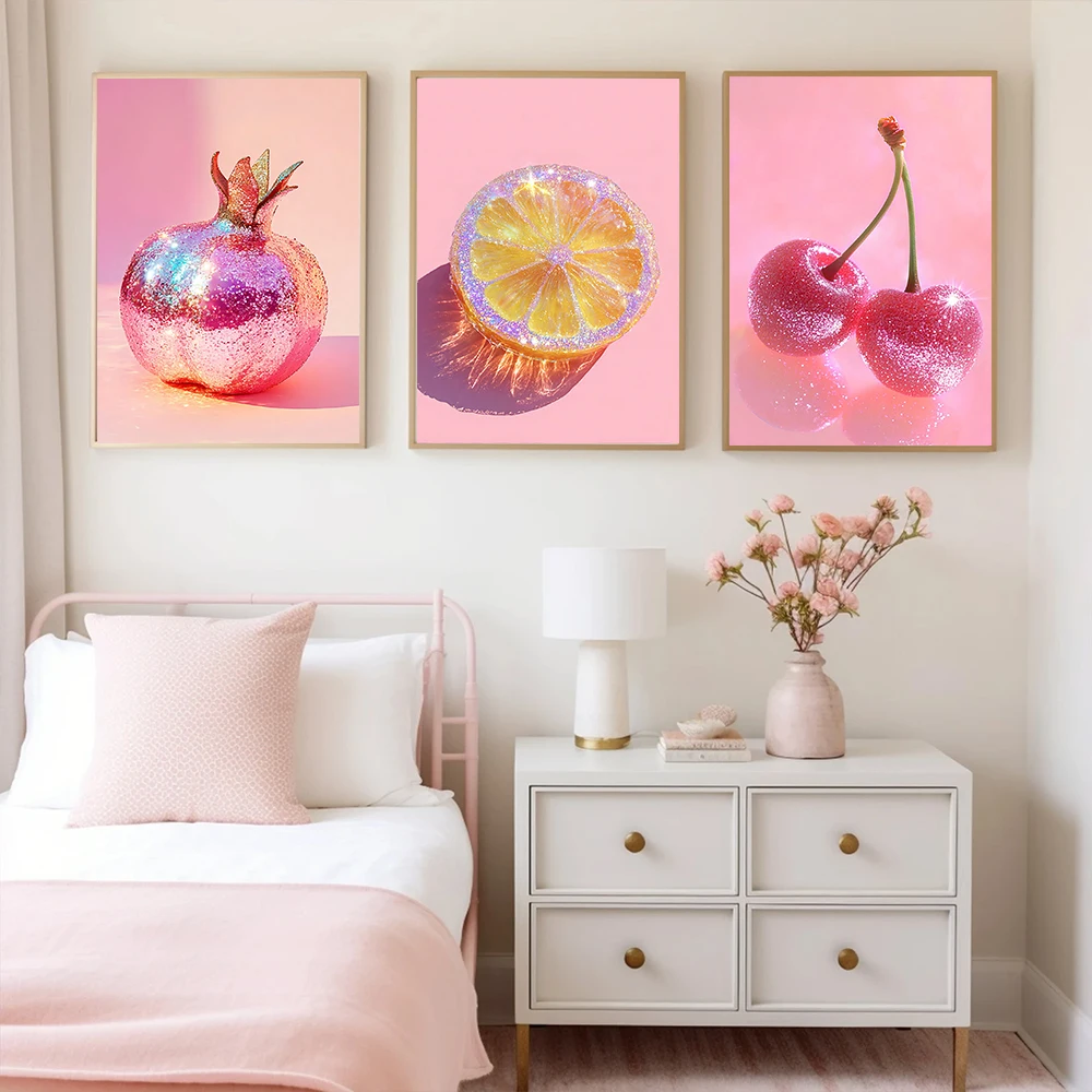 1pc Pink Rock Laser Fruit Art Poster Modern Fashionable Pomegranate Orange Cherry Canvas Print Home Kitchen Bar Decor