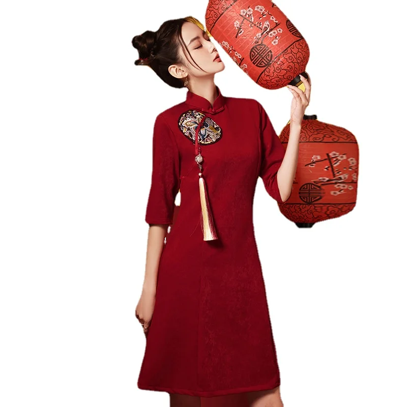 2023 Summer Wine Red Cheongsam Short Sleeve Slim Vintage Short Dress Wedding Costumes Embroidery A-Line Dress S To XXL