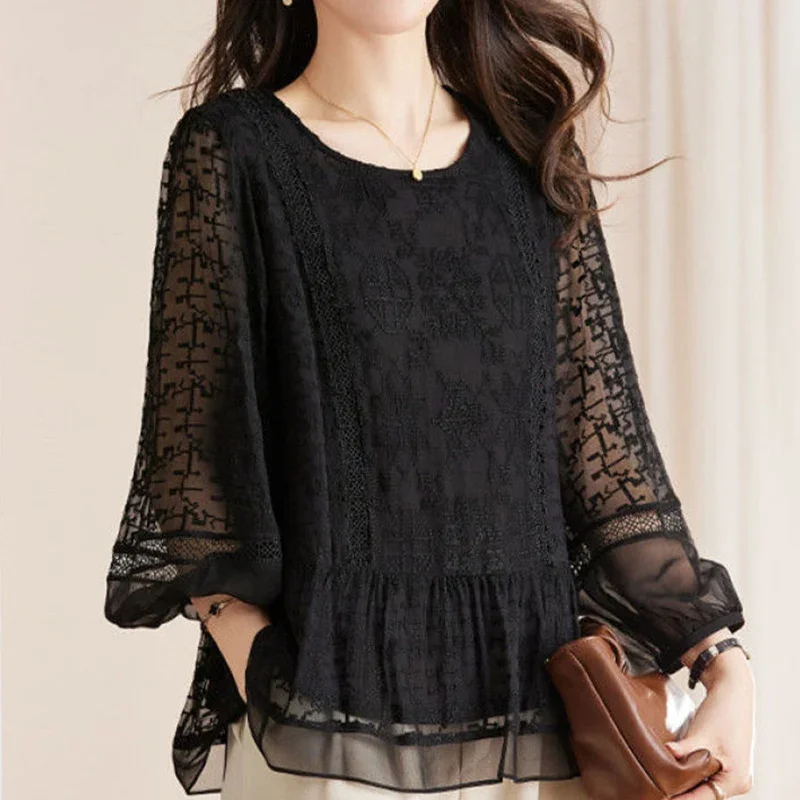 

Office Lady Solid Embroidery Lace Patchwork Shirt 2024 New O-Neck Nine Quarter Lantern Sleeve Loose Blouse Women Clothing D133