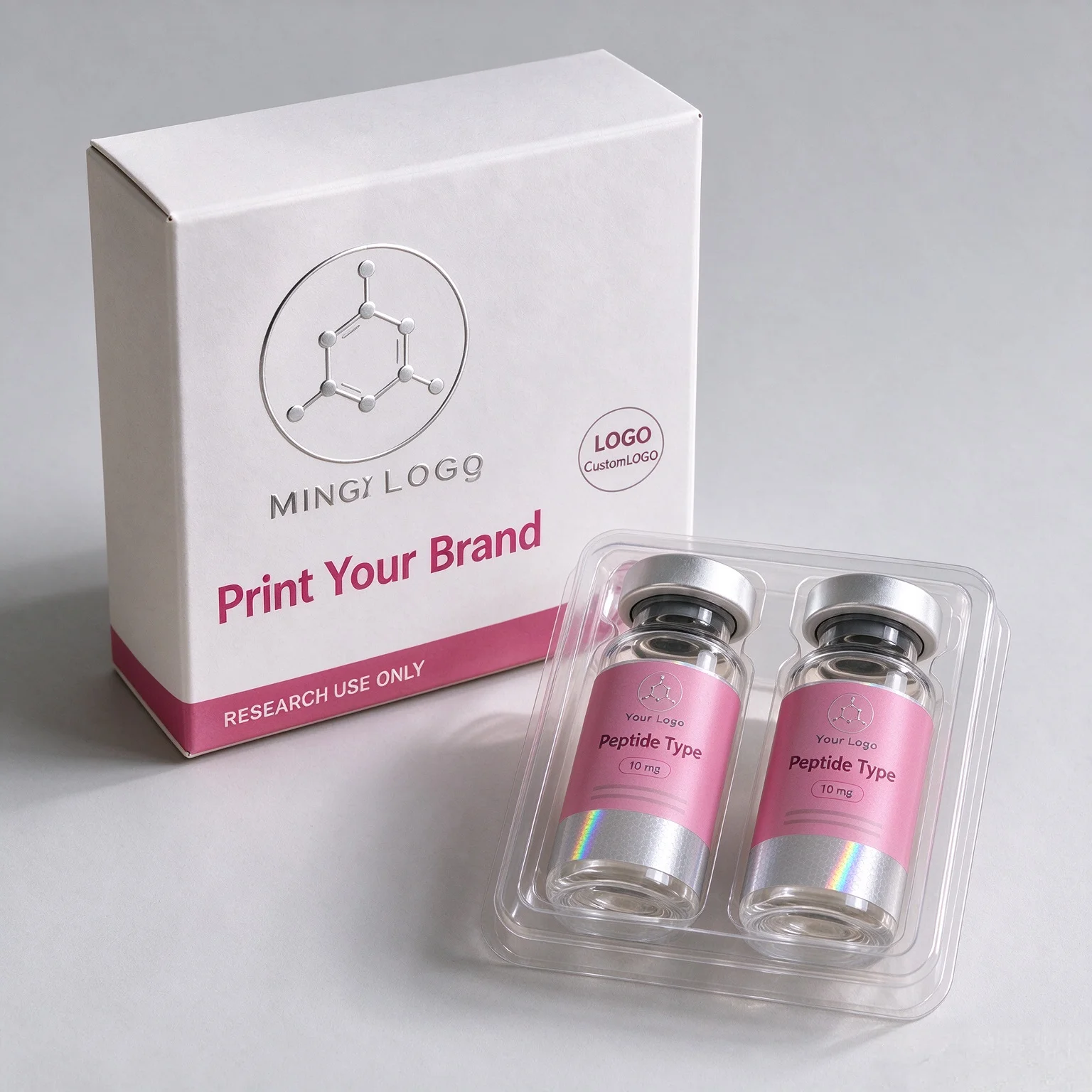 Custom Peptide Vial Labels and 2-Bottle Box with Plastic Tray,Fit 3ml 10ml Vials,Free Design & Logo Printing for Beauty and Fi